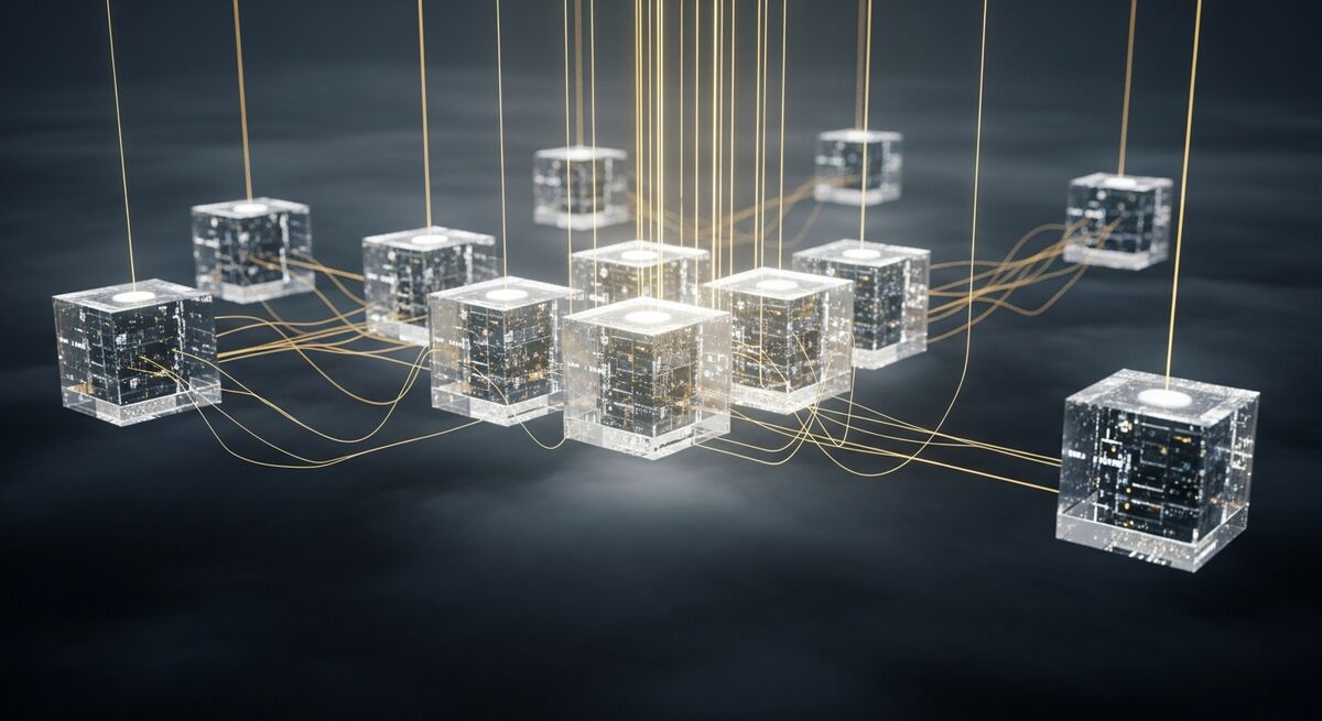 Glass storage cubes linked by gold threads, representing encrypted email archives held in a secure cloud vault